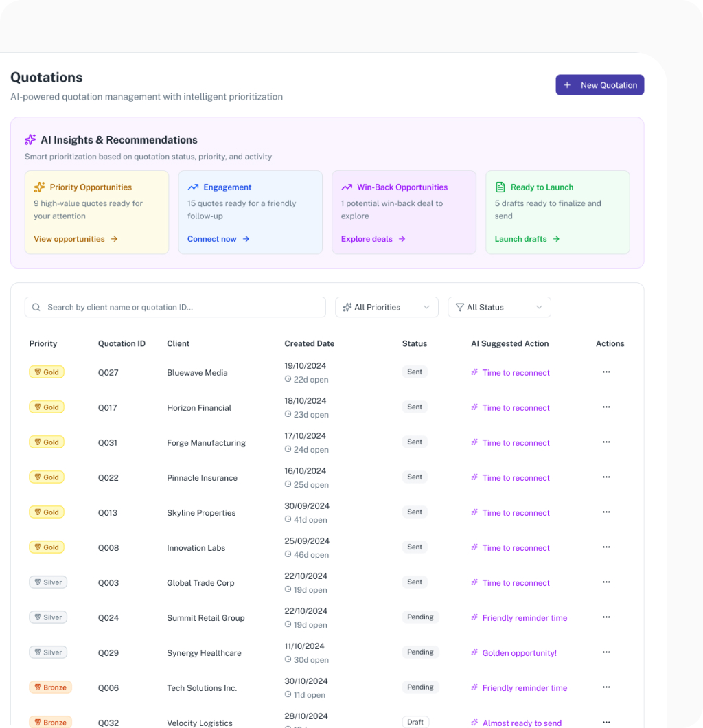 Track customer quotes interface